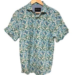 Robert Graham Shirt Mens Medium Blue Floral Linen Sorona Fabric Coastal Preppy